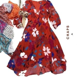 CHAPS Reddish Orange Blue Floral Dress Size 4